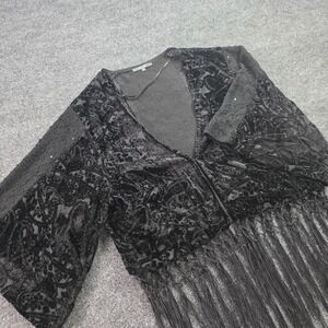Miss Me Burnout Velvet Kimono Paisley Fringe Sequin Cardigan Wrap Medium Black W